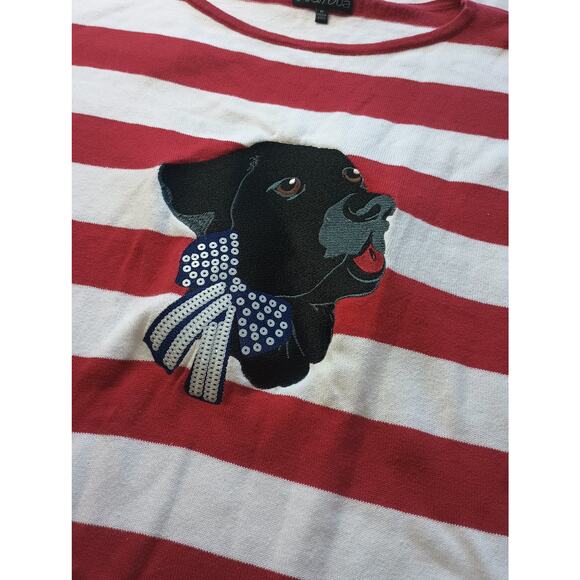 Bua//Bua Red White Stripped Dog Print Sweater Women Size Medium Sweet Animal - Picture 2 of 5